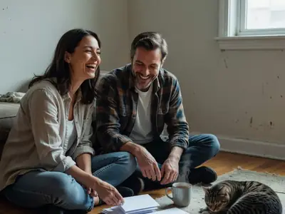 A couple sitting cross-legged on their living room floor sorting a few blank envelopes into groups, laughing together.
