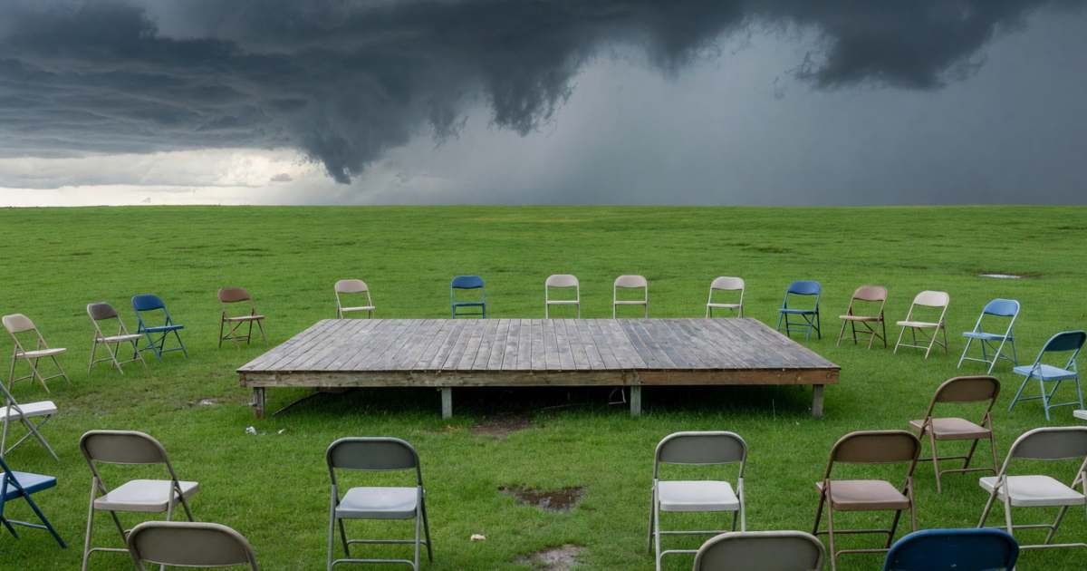 An outdoor stage set up in a park under heavy rain clouds, empty chairs on the lawn, illustrating whether ticket insurance is worth it.