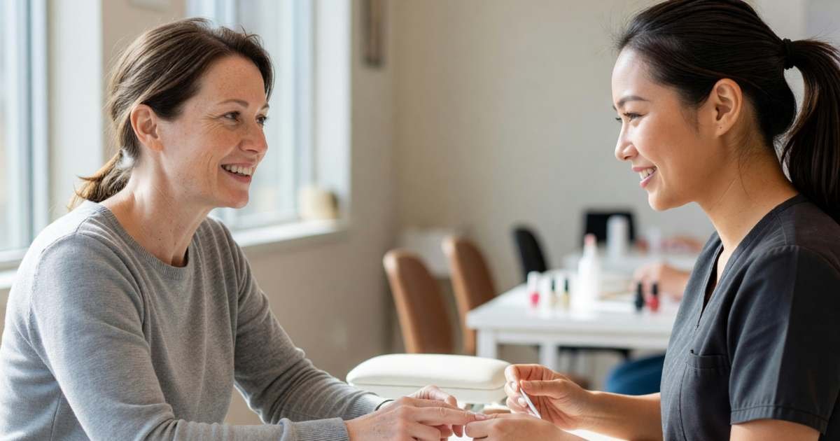 A client chatting with a nail technician at a nail salon table, illustrating how much to tip hairdressers, barbers and nail techs.