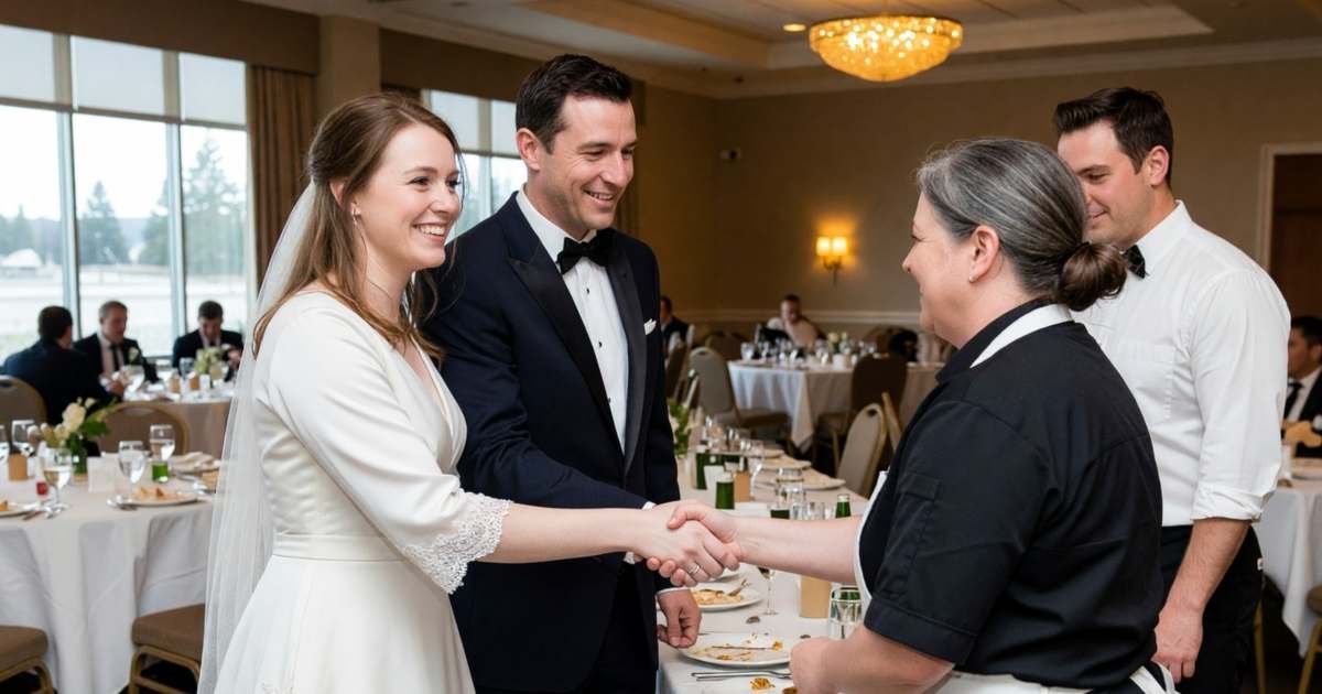 A bride and groom thanking the catering staff at the end of their reception, illustrating tipping wedding vendors in Canada.