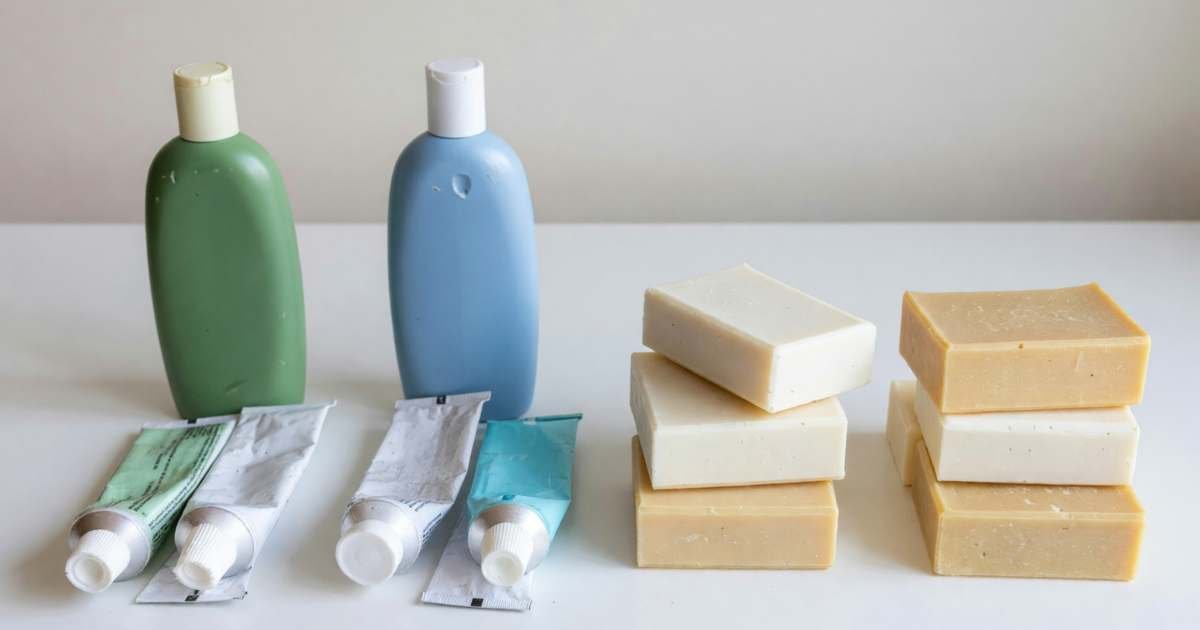 A row of shampoo, toothpaste and soap products on a plain white table in four small groups, illustrating toiletries price per use across stores.