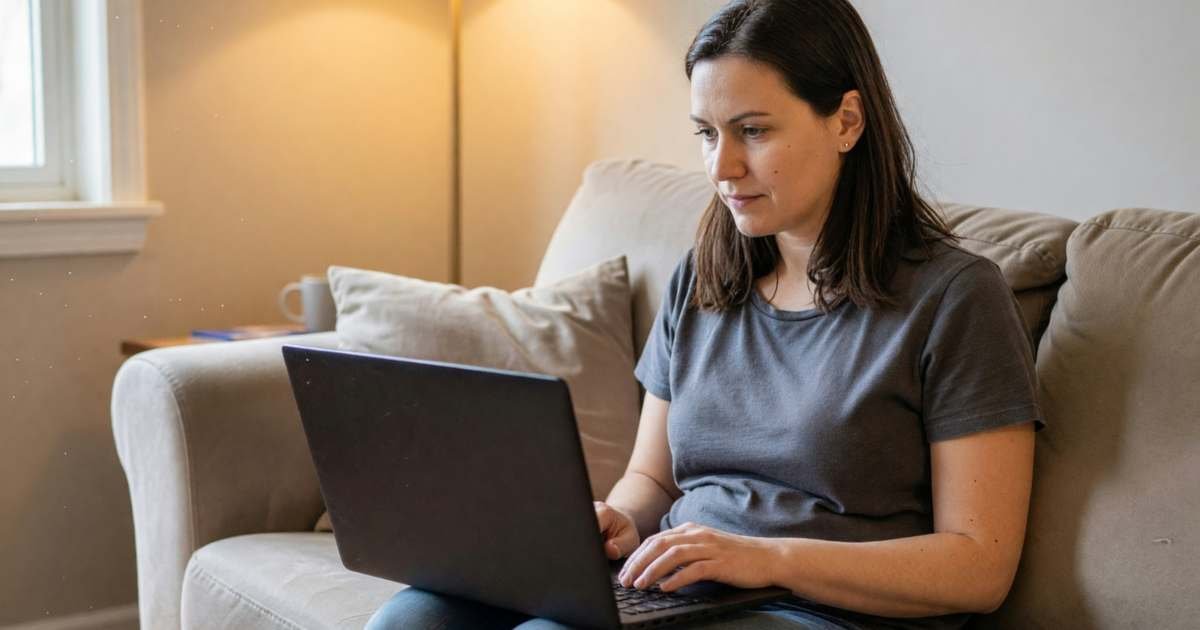 A woman on her sofa with a laptop, comparing prices before buying a kettle, a box on the floor, illustrating tracking Amazon.ca prices on household items.