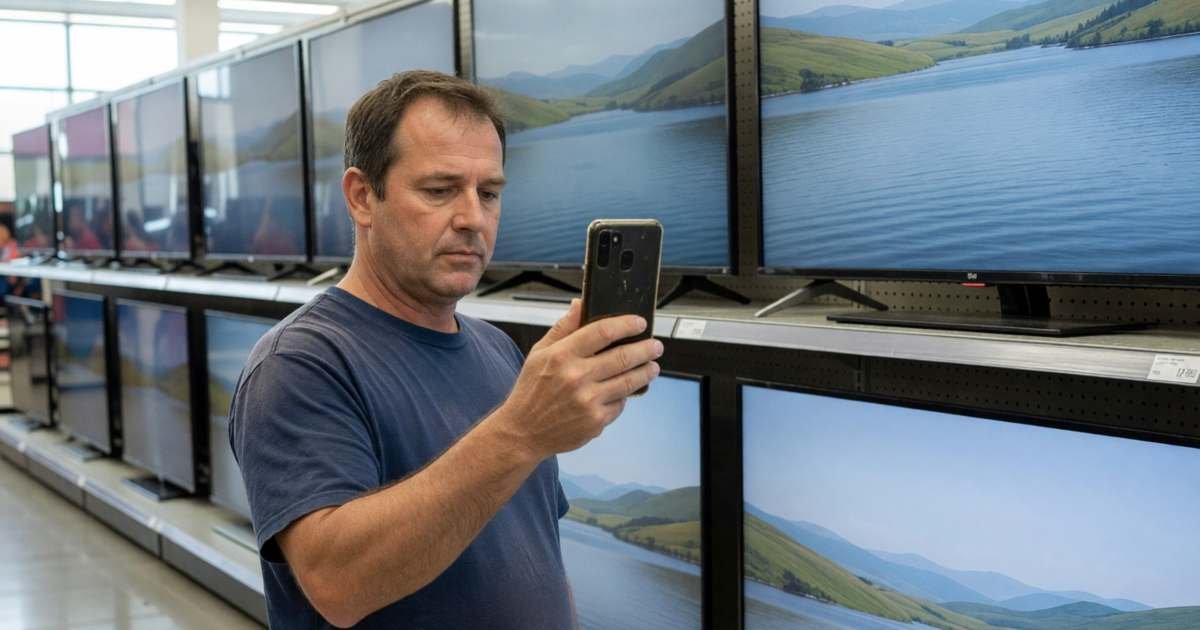 A man in an electronics store aisle holding up his smartphone beside a row of large televisions on display, comparing prices, illustrating tracking electronics prices beyond Amazon.
