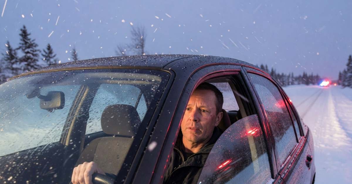 A worried driver sitting behind the wheel of his parked car on a snowy roadside at dusk, hands on the steering wheel, red and blue light reflecting on his face, illustrating how traffic tickets raise auto insurance in Canada.