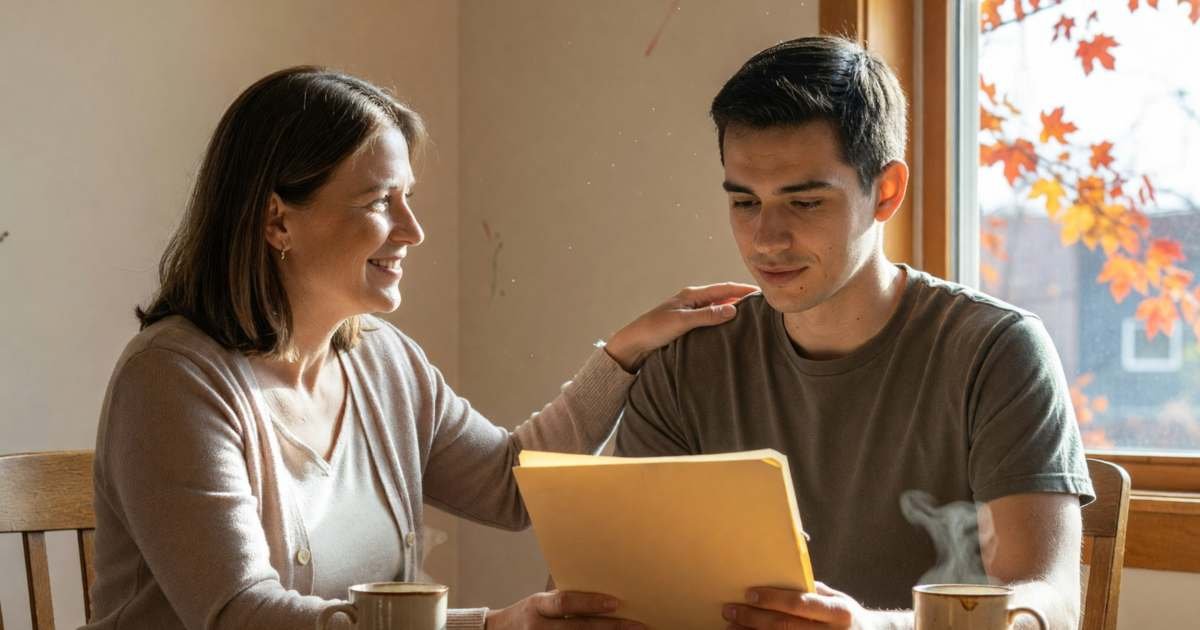 A university student and his mother sitting at a dining table, the mother smiling and patting his shoulder while he holds a closed plain folder, illustrating transferring the tuition tax credit to a parent.