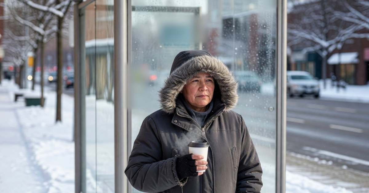 A commuter in a winter coat holding a coffee, waiting at an outdoor bus shelter on a snowy morning, illustrating building a transit pass break-even calculator for any Canadian city.