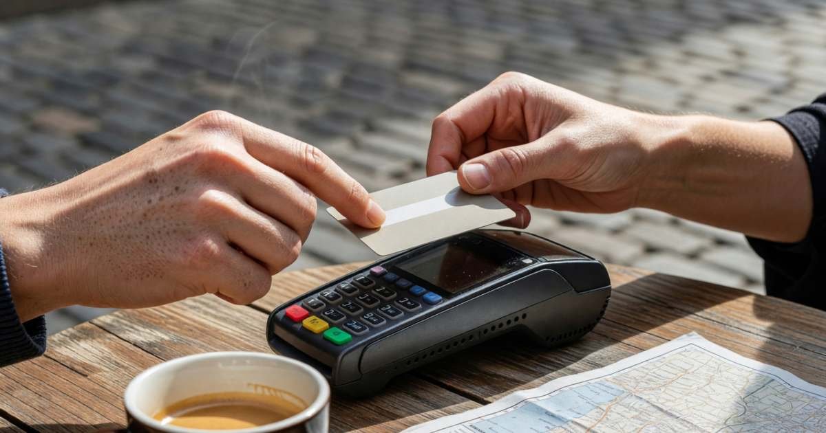 Close-up of a traveller's hands tapping a plain blank payment card on a small card terminal at a sunny outdoor cafe table abroad, illustrating cutting foreign exchange fees on travel money.