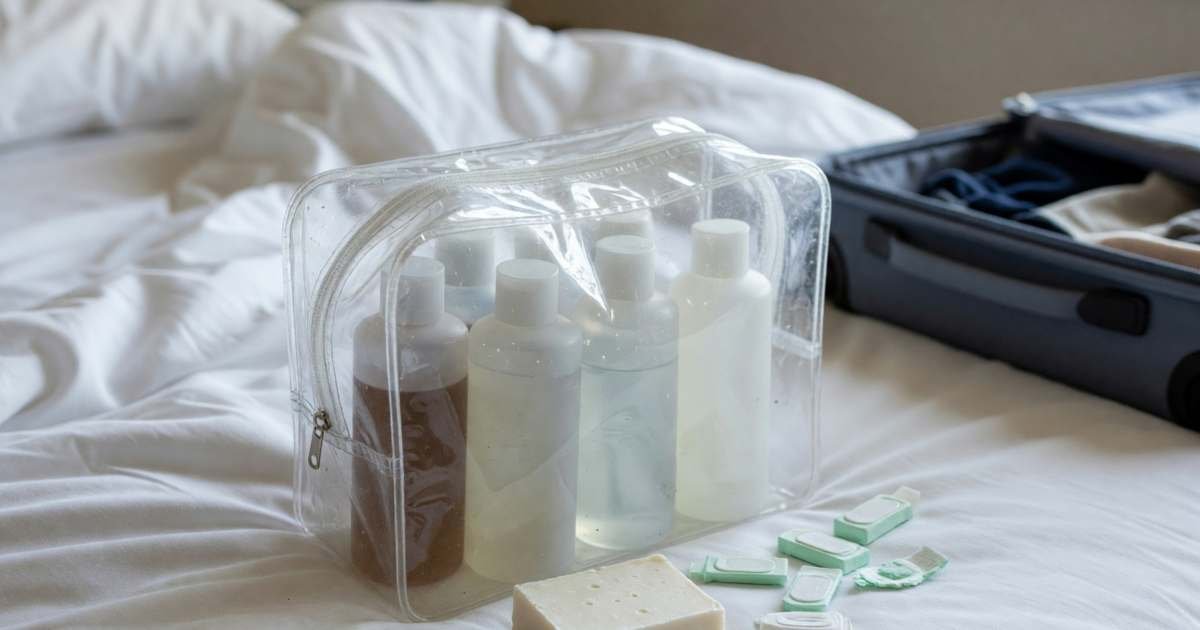A clear toiletry bag with refillable travel bottles and solid shampoo and toothpaste tabs on a hotel bed, illustrating travel toiletries, minis versus refillable bottles.