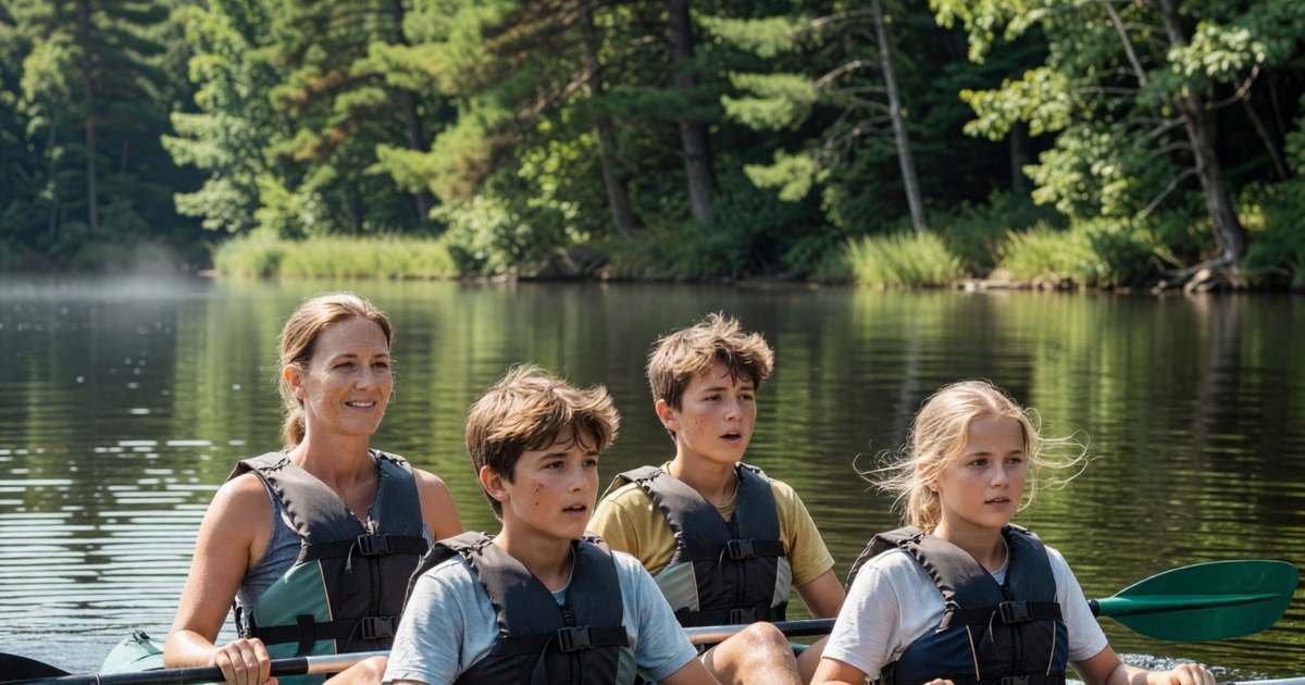 Two teenagers and their mother kayaking on a calm lake, illustrating travelling with teens on a budget.