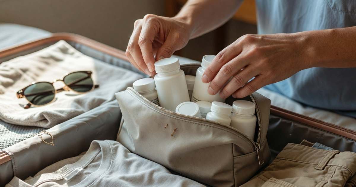 Hands packing a weekly pill organizer and pill bottles into a toiletry bag inside a suitcase, illustrating travelling with medication from Canada.