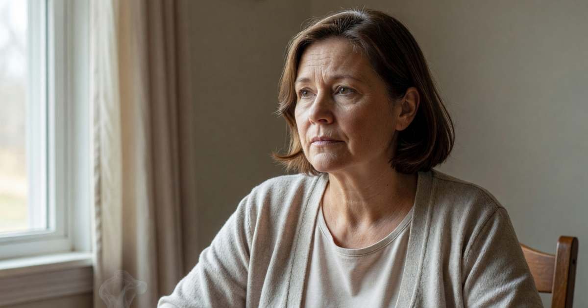 A middle-aged woman sitting at her dining table with a pill organizer and a cup of tea, thinking, illustrating Ontario's Trillium Drug Program.