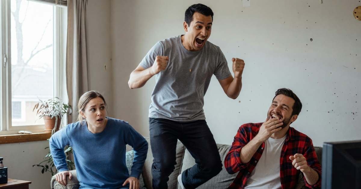 Three friends on a living room sofa reacting to a soccer match, one jumping up to celebrate, illustrating TSN+ vs Sportsnet+ for fans beyond hockey.