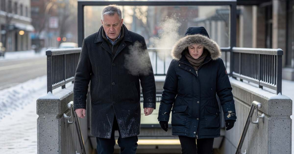 Two commuters in winter coats climbing the stairs out of a subway station entrance onto a snowy sidewalk, illustrating TTC monthly fare capping and the 12-month PRESTO pass.