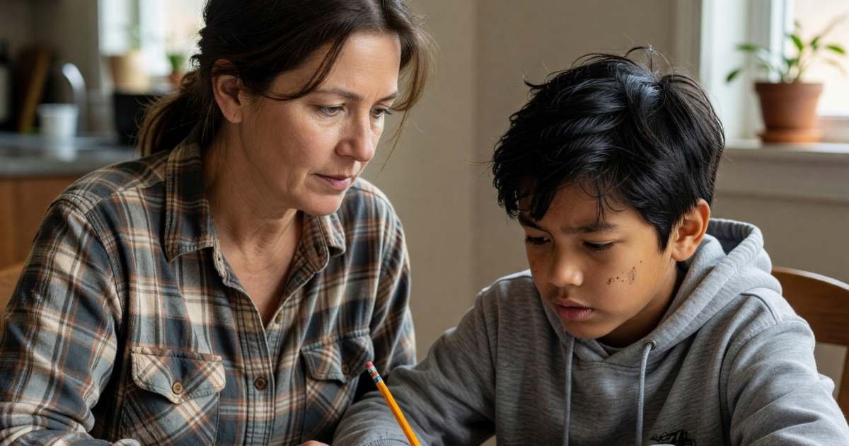 A tutor helping a middle-school boy with math at a dining table, illustrating when tutoring is worth paying for.