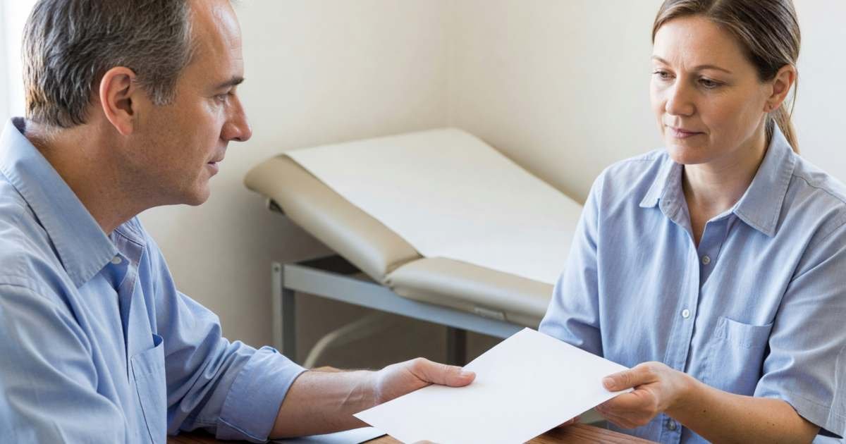 A doctor handing a plain sheet of paper to a patient across a small exam room desk, illustrating uninsured medical fees like sick notes and forms.
