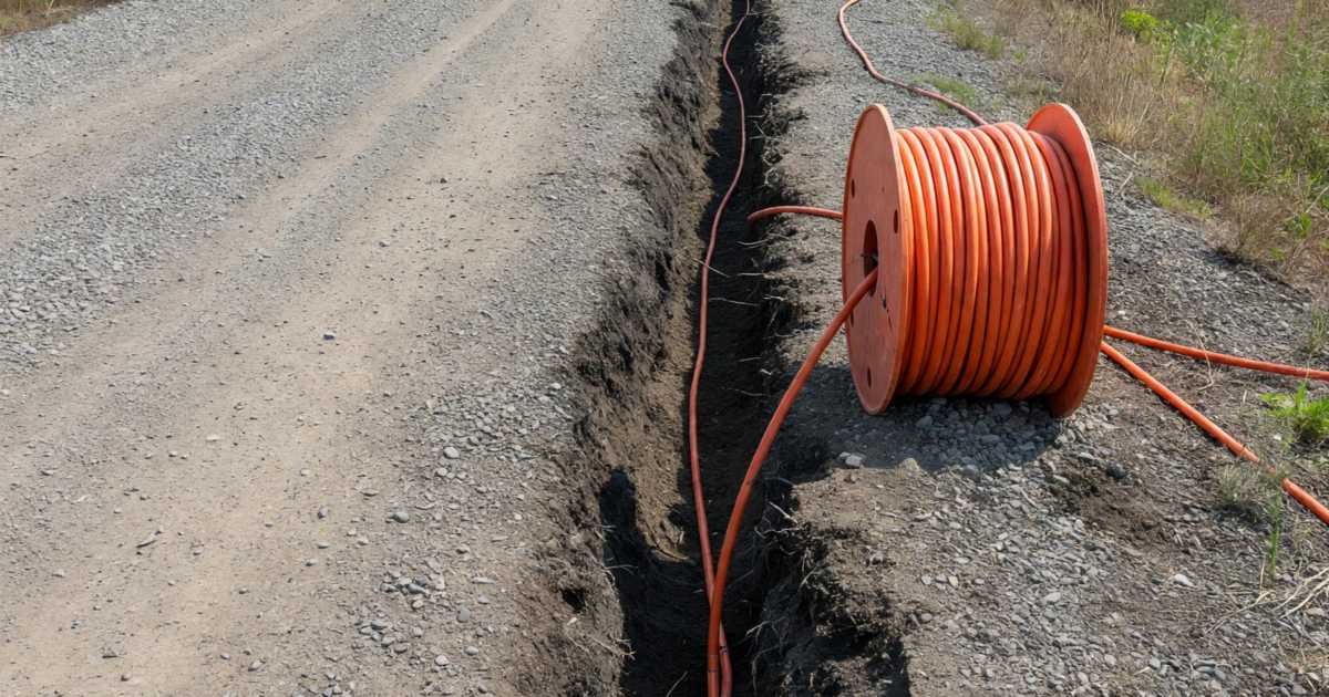 Fresh fibre cable being laid in a trench along a gravel country road, illustrating the Universal Broadband Fund and rural fibre.
