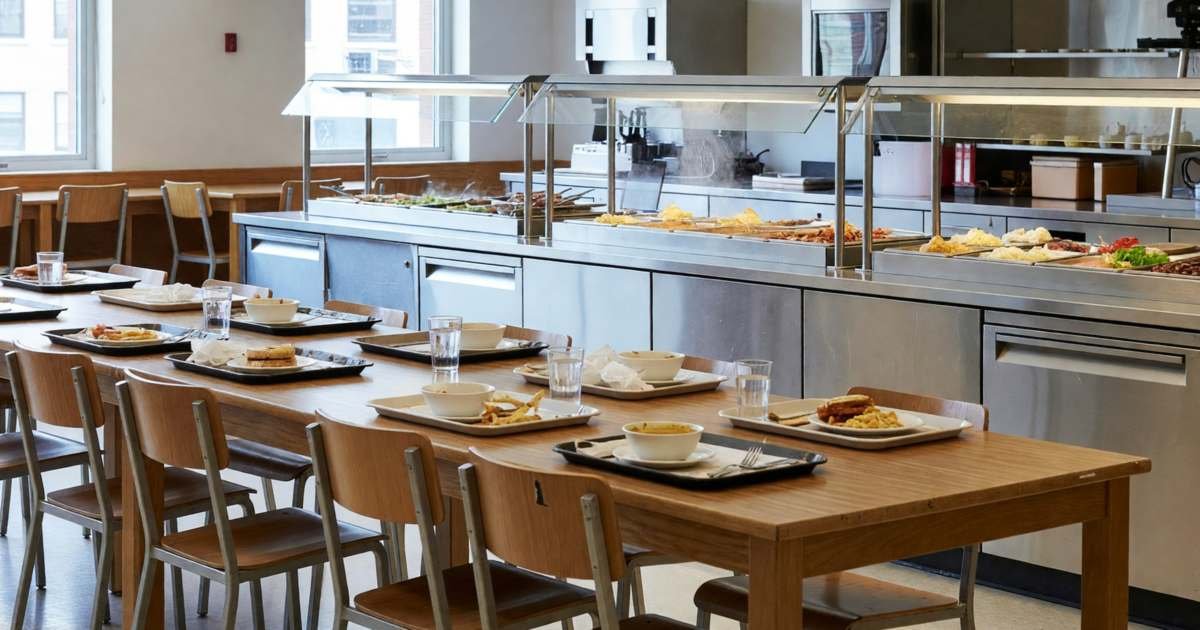 A university dining hall with students eating at long tables and a food serving line, illustrating university meal plan costs in 2026-27.