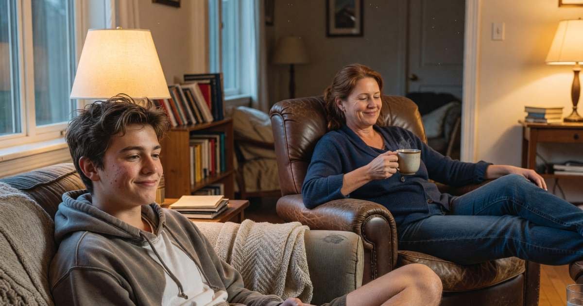 A teenager downloading a big game while a parent streams in the next room, both relaxed, illustrating unlimited internet, fair-use policies and soft caps.
