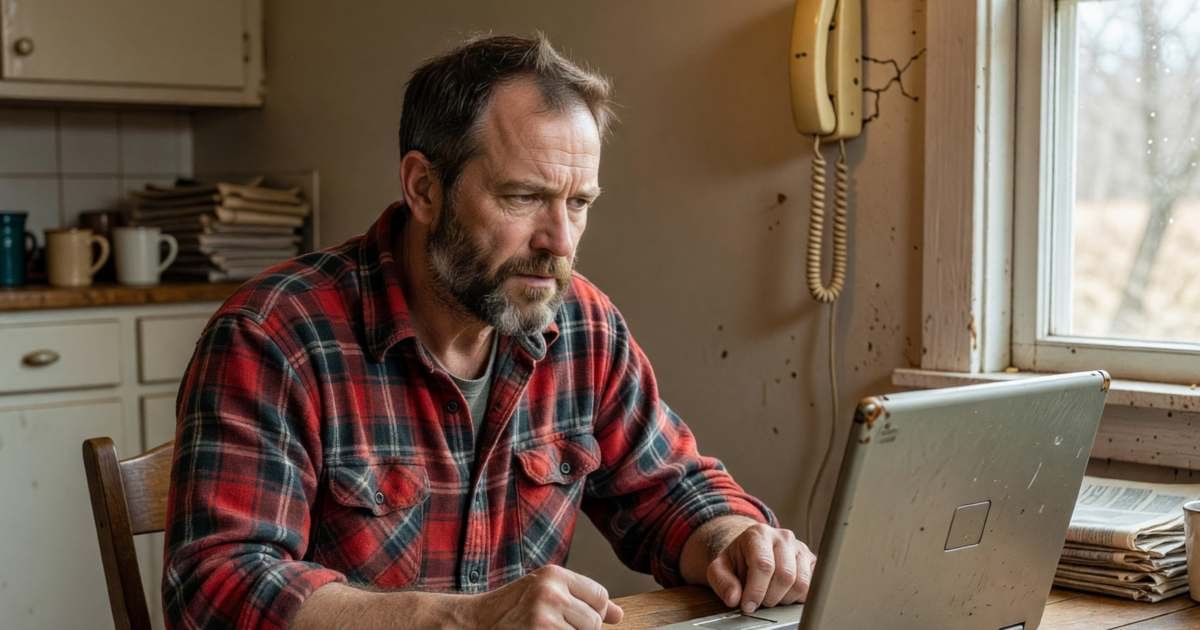 A frustrated man waiting for a video to load on an old laptop in a rural farmhouse kitchen, illustrating upgrading from slow DSL in Canada.