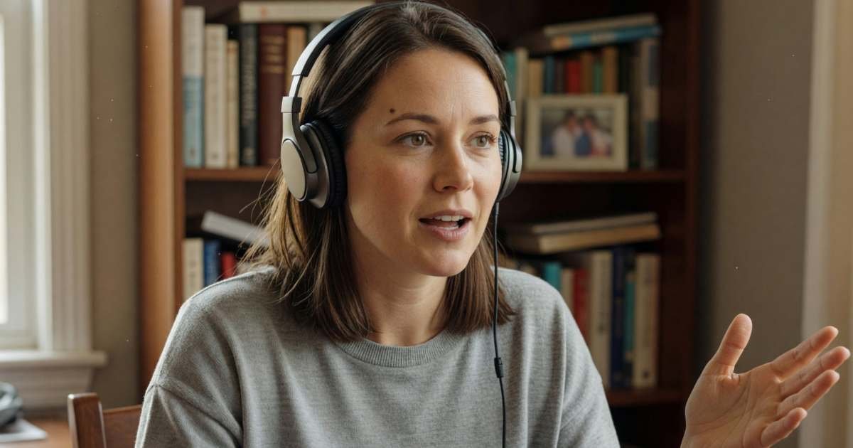 A woman on a video call from her home office, wearing headphones, speaking animatedly, illustrating upload speed for working from home in Canada.