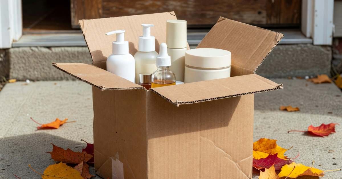 A small plain cardboard parcel opened on a doorstep with skincare products inside, illustrating ordering makeup from US sites after Canada's 2026 counter-tariffs.