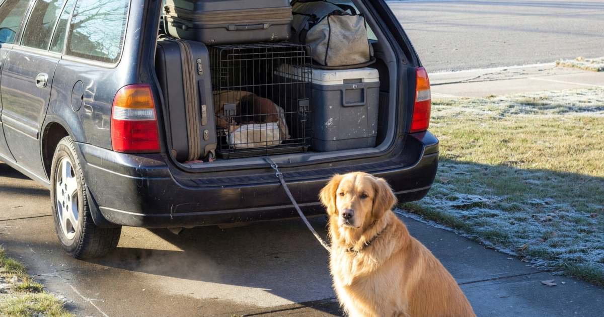 A car packed for a long winter road trip parked in a driveway with a dog crate in the open hatchback and a retriever sitting next to it on a leash tied to the bumper, illustrating crossing into the U.S. with a dog from Canada under CDC rules.