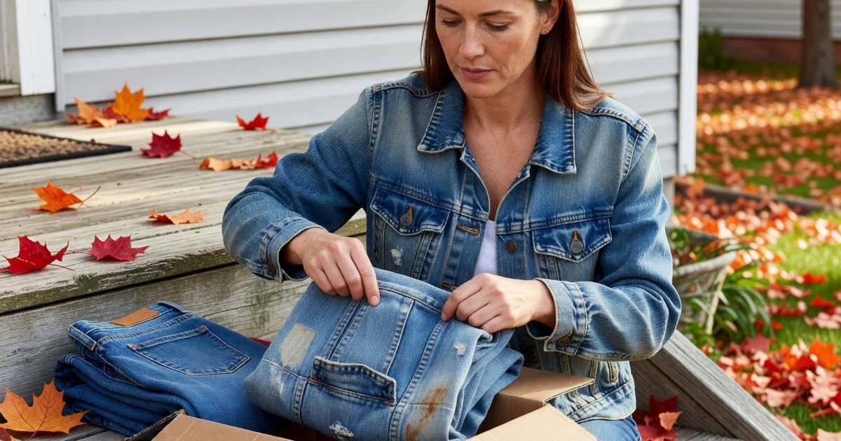 A woman opening a plain brown cardboard parcel on her front porch and lifting out a folded denim jacket, looking at it thoughtfully, illustrating duties and tariffs on US clothing orders shipped to Canada.