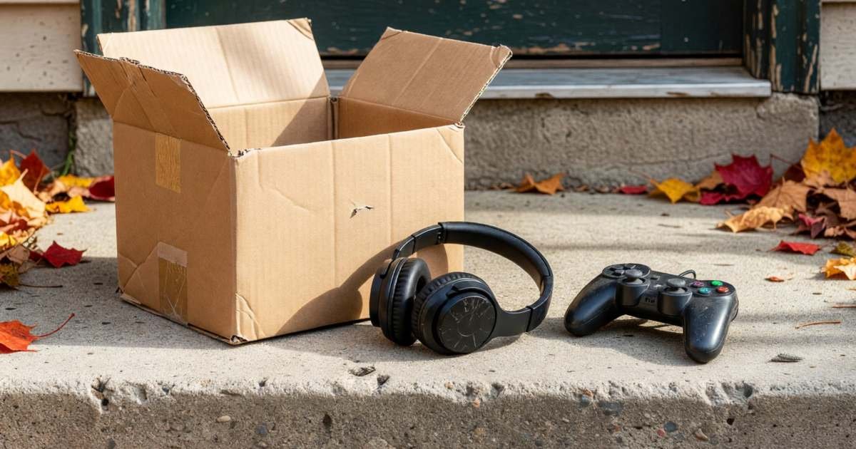 A plain parcel with a pair of headphones and a gaming controller unboxed on a front step, illustrating ordering electronics from the US after the 2026 counter-tariffs.