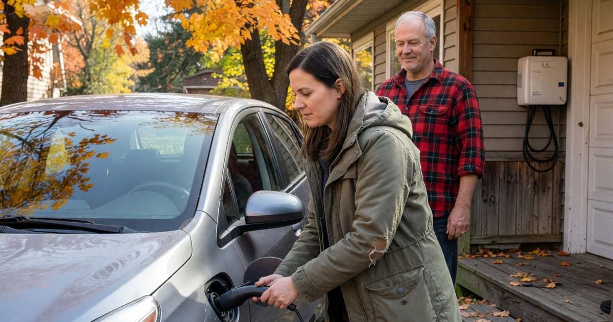 A woman plugging a charging cable into the charge port on the front fender of a used compact electric car while the seller watches from the porch, illustrating buying a used EV in Canada and Québec's used rebate.