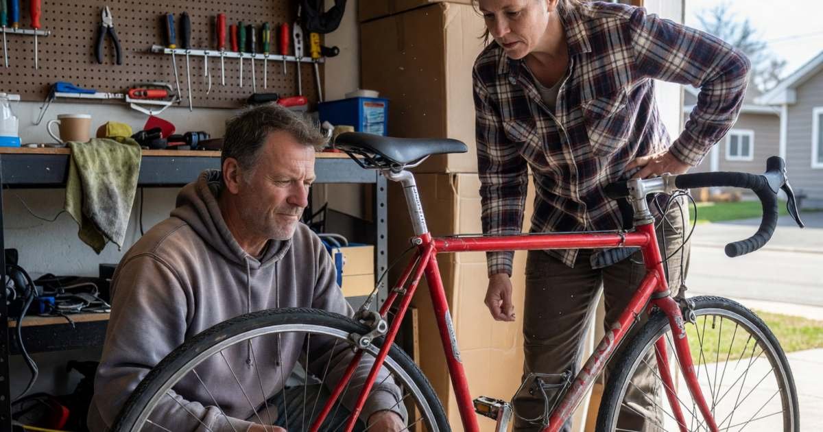 A cyclist inspecting the drivetrain of a used road bike in a seller's garage, illustrating buying a used road bike in Canada.