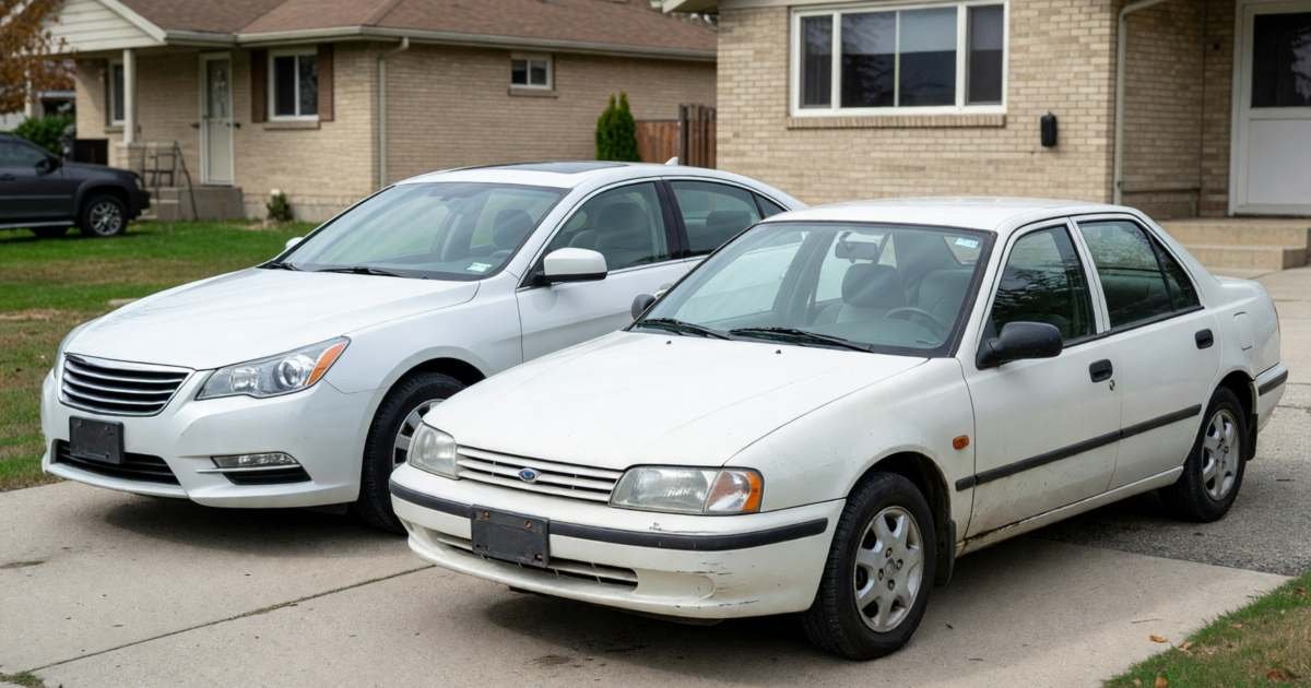 A brand-new car and a ten-year-old car parked next to each other in a driveway, illustrating used versus new car total cost of ownership in Canada.
