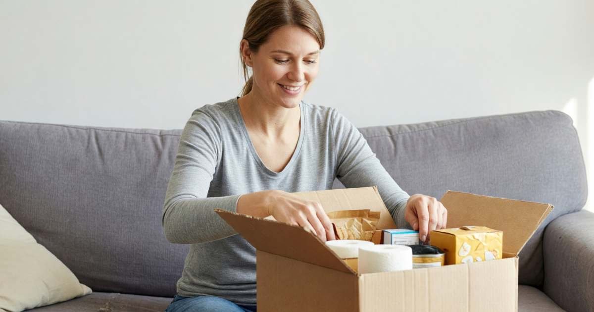 A woman on her sofa unpacking a delivered cardboard box of household supplies and pantry snacks, illustrating using Rakuten and Scene+ portals for grocery-adjacent savings.