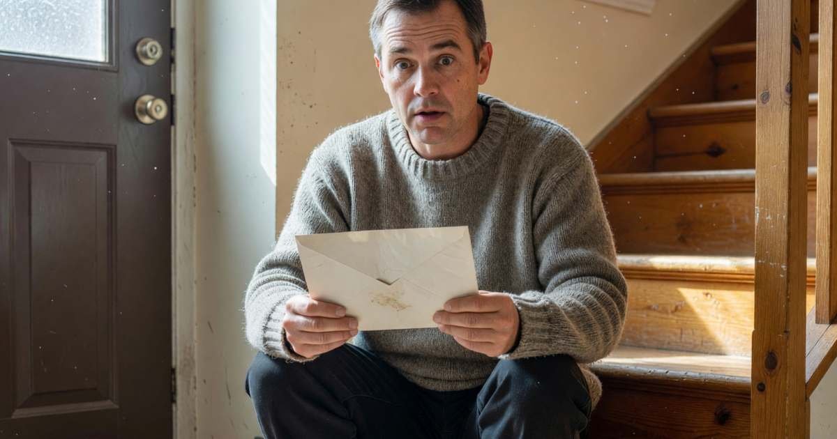 A man sitting on the stairs of his front hall looking at a plain envelope with raised eyebrows, illustrating avoiding equal-payment true-up shock on utility bills.