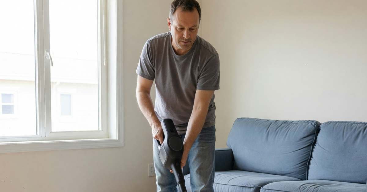 A man vacuuming a living room rug with a cordless stick vacuum while a robot vacuum sits on its dock, illustrating buying a vacuum in Canada, cordless versus corded versus robot.