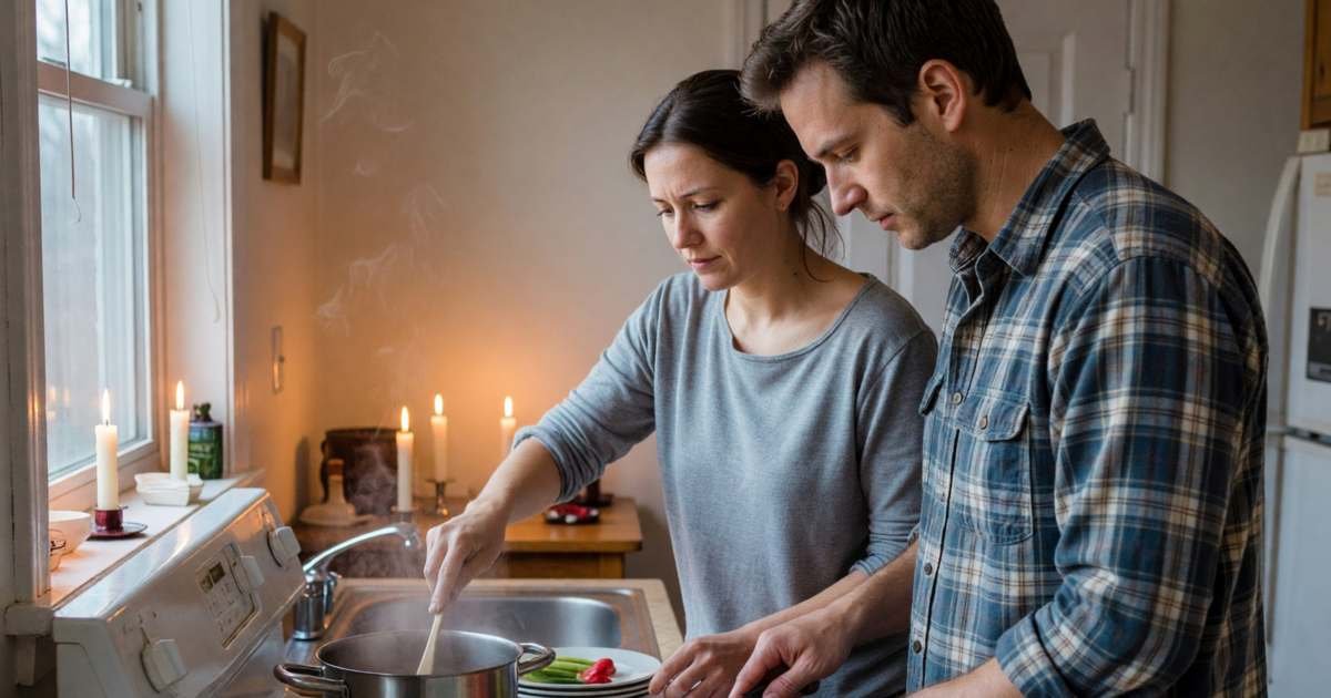 A couple cooking a Valentine's dinner together at home with candles on the table, illustrating Valentine's Day 2027 on a budget.