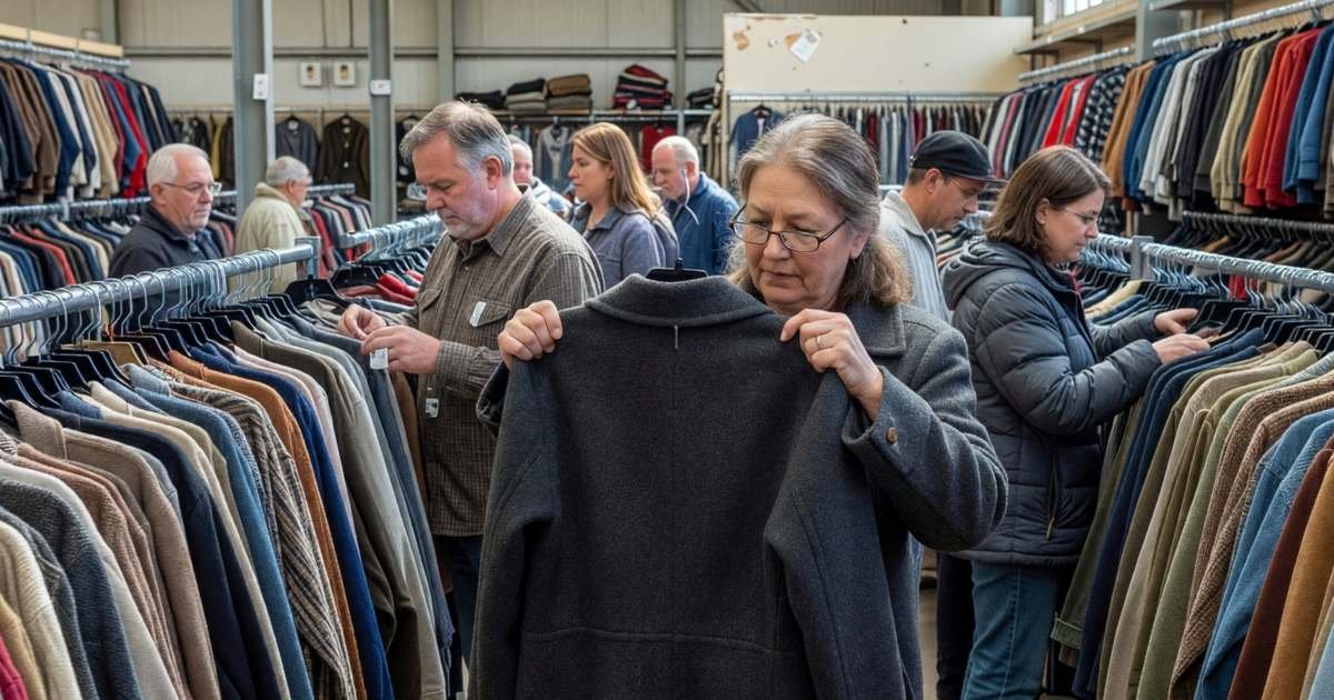 An older woman browsing racks in a big thrift store, holding up a wool coat, illustrating thrift shopping and senior days in Canada.