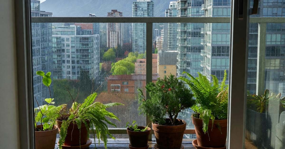 A Vancouver condo balcony view of glass towers and mountains with a plain router inside the doorway, illustrating Vancouver home internet shopping.