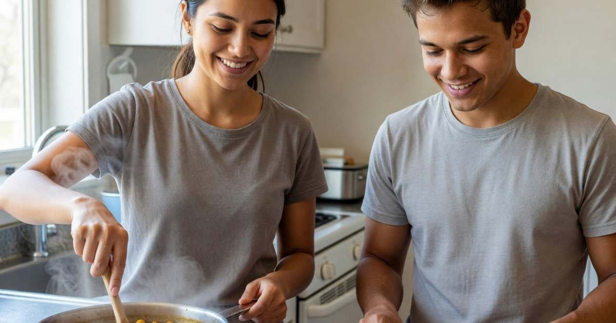 A young woman stirring a big pot of chickpea curry while her partner sets bowls of rice on the table, illustrating eating vegetarian on a Canadian grocery budget.