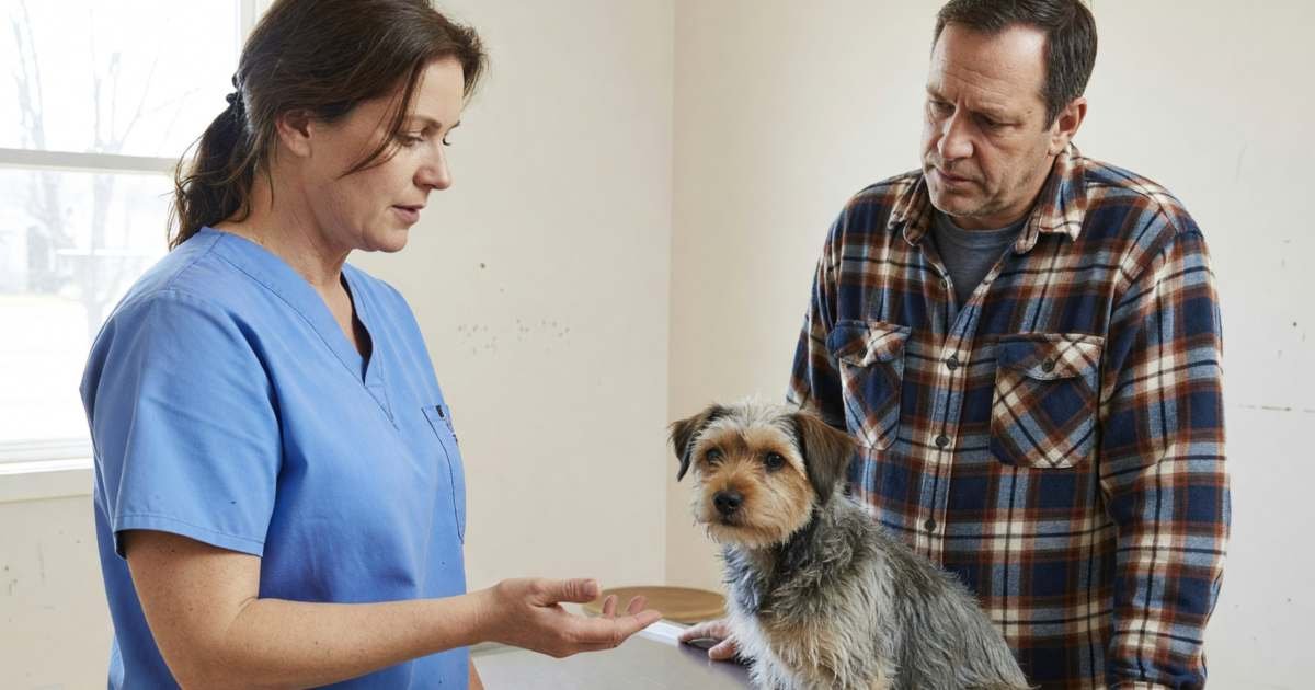 A vet discussing treatment options with a dog owner in an exam room, the owner nodding, illustrating your rights at the vet in Ontario, estimates and itemized bills.