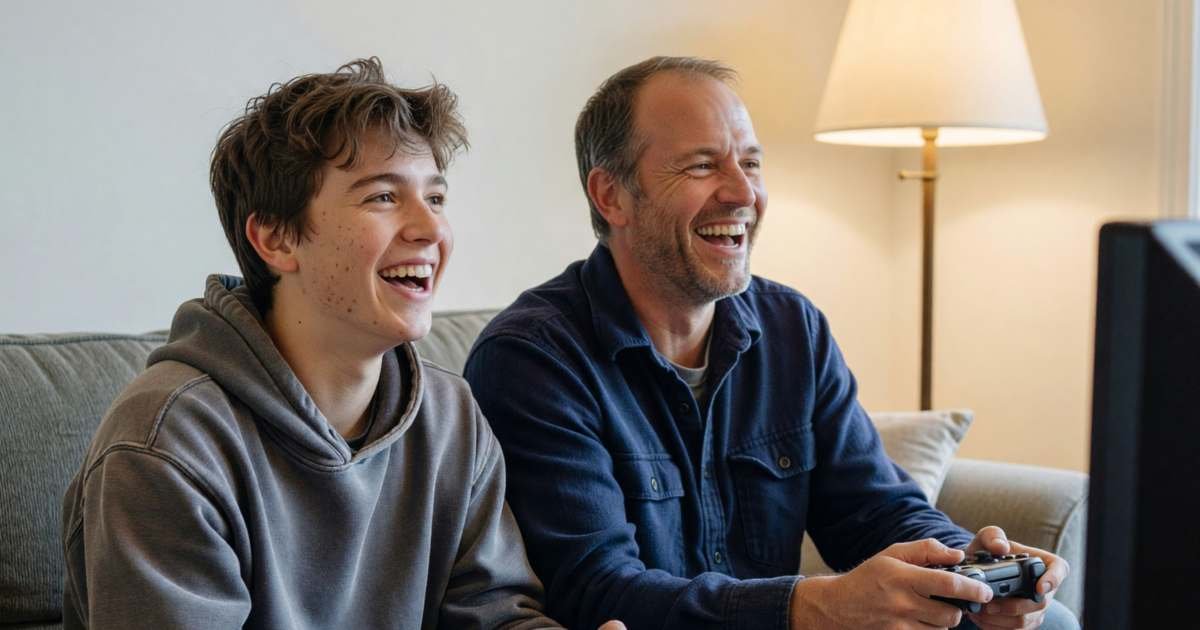 A teenager and his dad sitting on a sofa holding plain black game controllers, laughing at a game, illustrating video game deals in Canada around Black Friday.