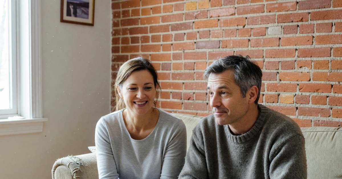 A couple in a Québec living room, the woman holding a TV remote and shaking her head with a smile, illustrating keeping internet-only service without the Videotron TV upsell.