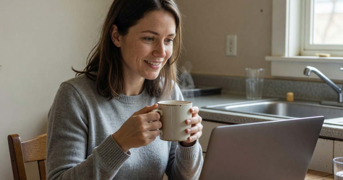 A woman on a video call with a doctor on her laptop at her kitchen table, holding a mug, illustrating virtual care options in Canada.