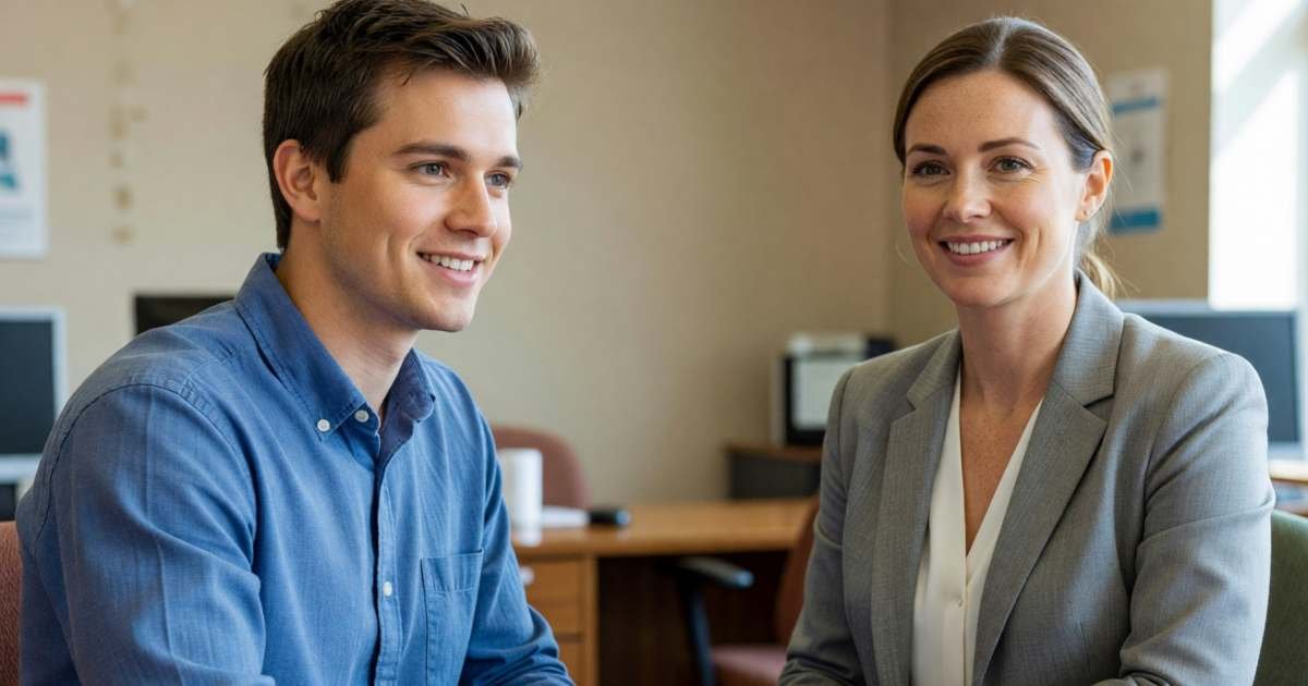 A young man talking with a friendly bank advisor across a desk in a bank branch, illustrating waiving or escaping Canadian bank package fees.