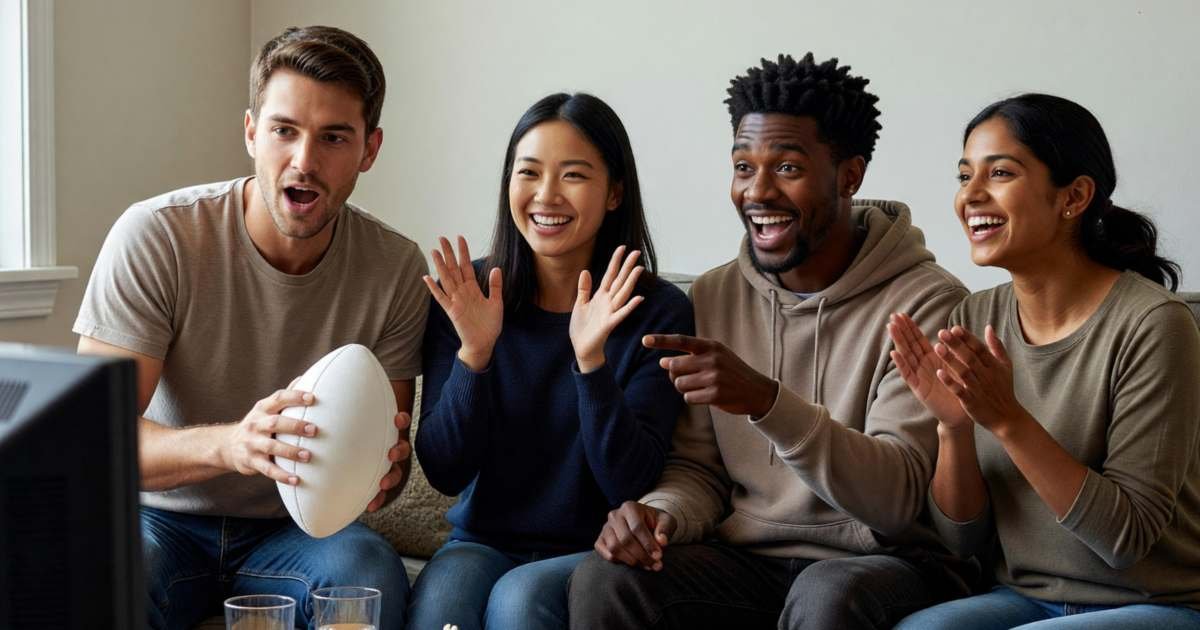Four friends on a couch reacting excitedly while watching a football game, seen from beside the TV so the screen is not visible, one holding a plain foam football, illustrating watching the NFL in Canada.