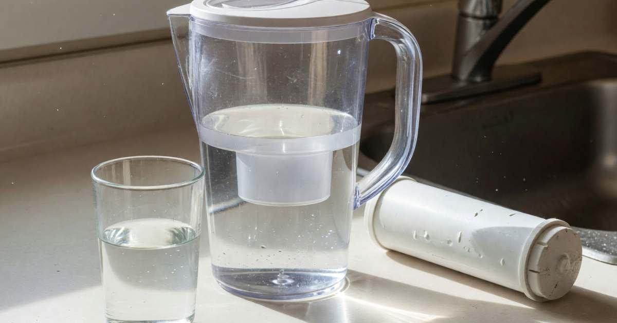 A water filter pitcher on a kitchen counter beside a glass of water and an under-sink filter cartridge, illustrating water filter costs per litre in Canada.