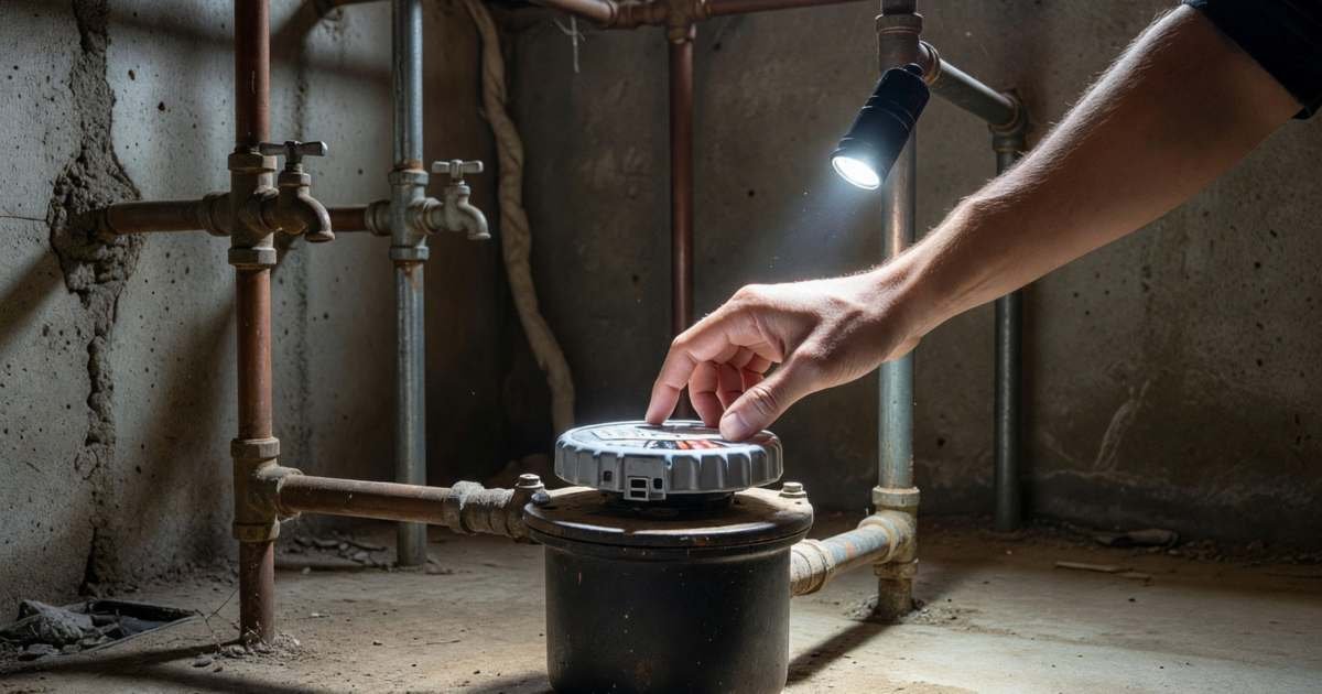 A hand lifting the lid of a water meter in a basement while all the taps are off, illustrating running a water meter leak test at home.