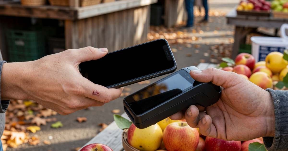 Close-up of a hand tapping a phone on a payment terminal at a farmers' market stall with baskets of apples, illustrating whether Wealthsimple Cash can replace everyday banking in Canada.
