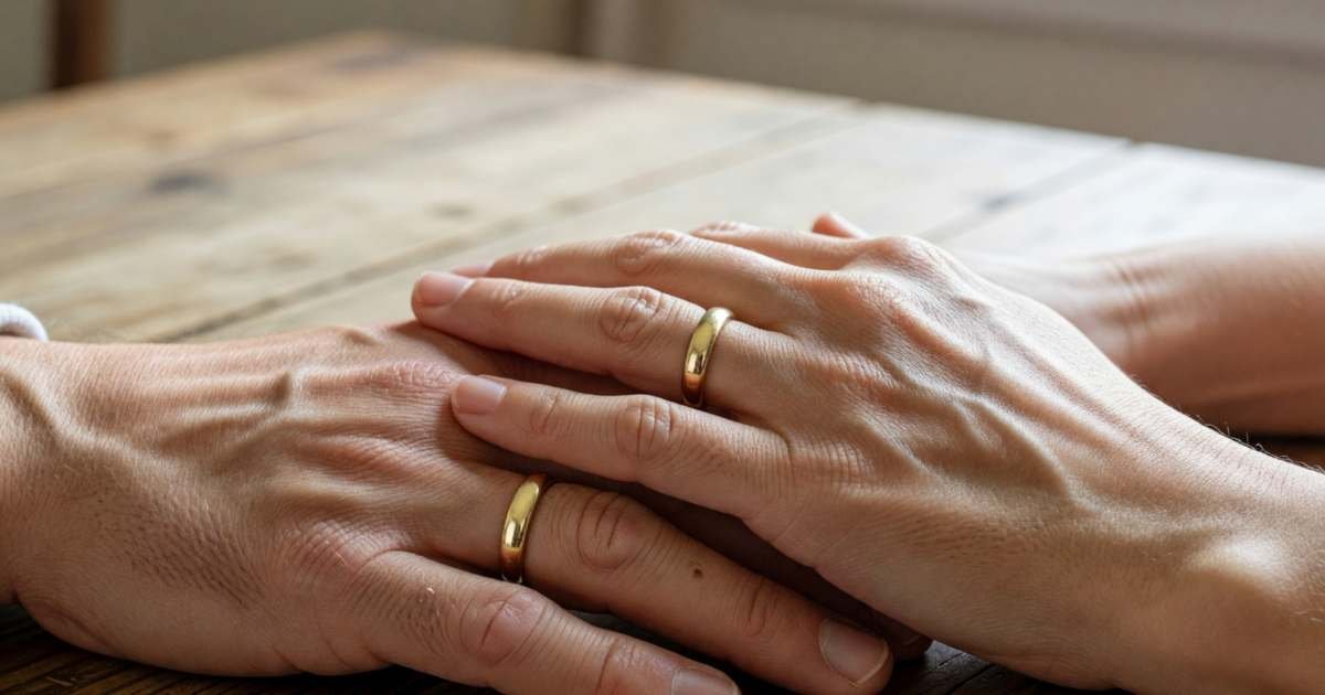 Two hands with simple gold wedding bands resting together on a wooden table, illustrating wedding bands, metals and prices in Canada.