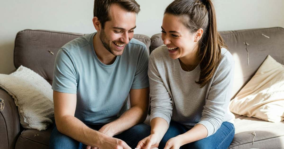 An engaged couple sitting on a sofa sorting through fabric swatches and a few flower samples, laughing together, illustrating wedding costs in Canada in 2027.