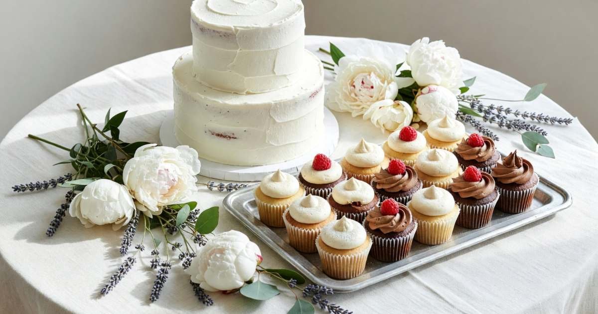 A small two-tier white wedding cake beside a tray of cupcakes on a dessert table, illustrating wedding cake costs and cheaper alternatives.